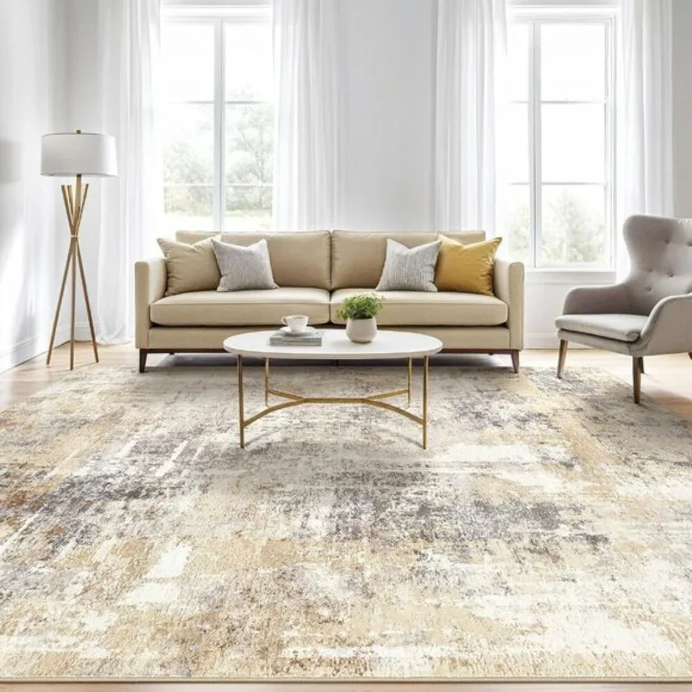 5x7 Gray Gold Washable Area Rug, Modern Abstract Non-Slip Carpet for Room Decor